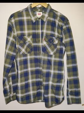 Levi's Mens L Green Blue Plaid Lightweight Flannel Button-Down Shirt Long Sleeve